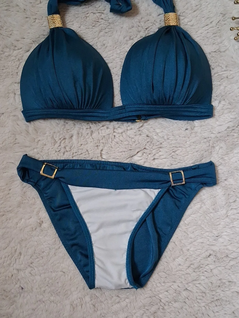 Venus Teal Blue And Gold Goddess Enhancer PushUp Bikini Set Top DD- Bottom Small - Picture 12 of 16